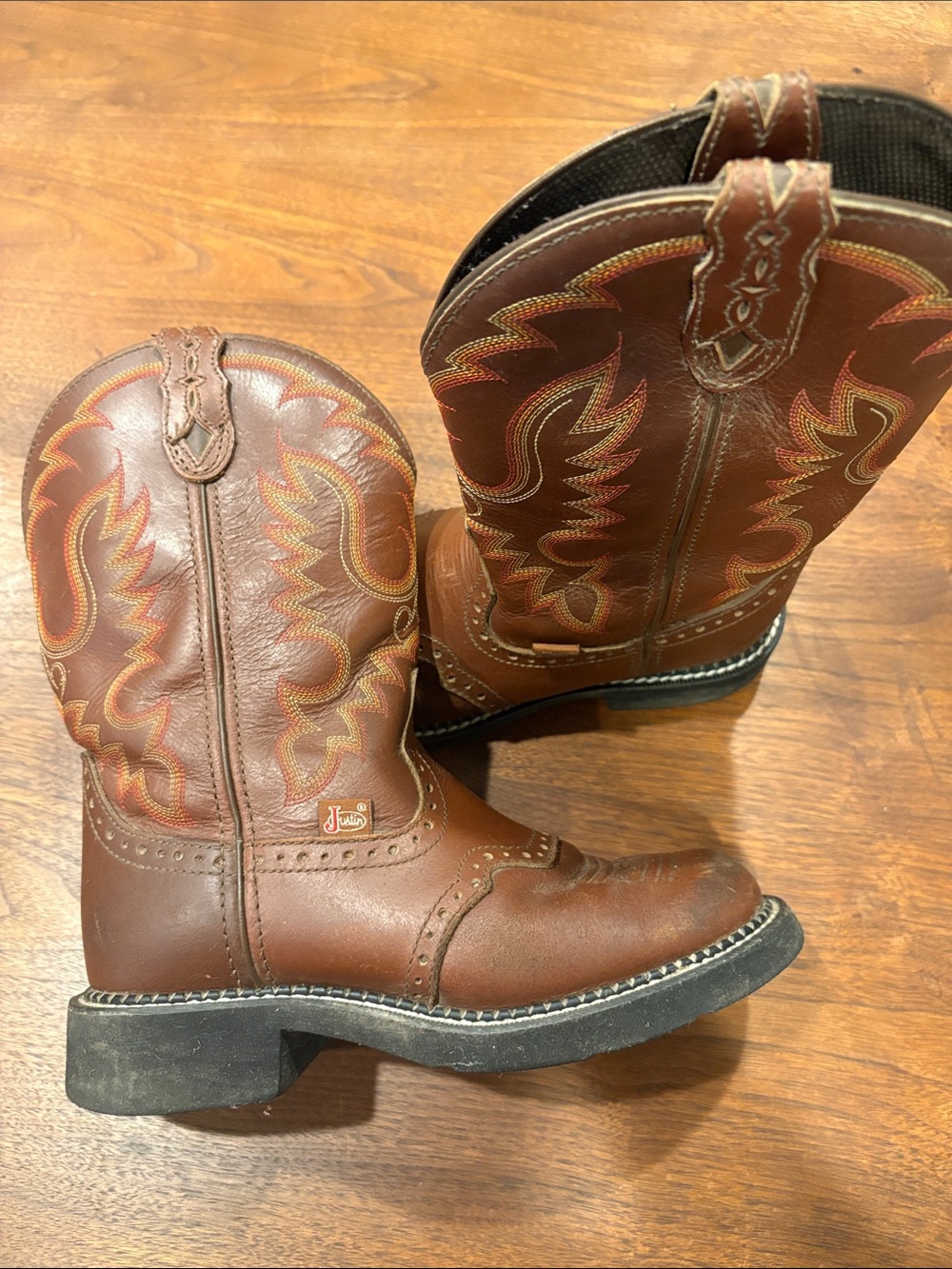 Justin Boots Brown Kids Western Boots with Orange Stitching, Size 7B.